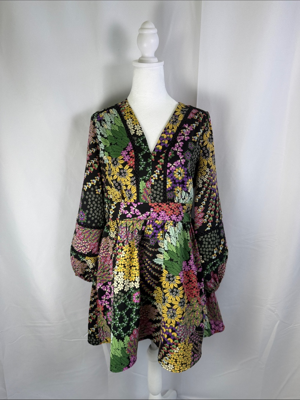 Joy Joy Black Floral Mini Dress with Green, Yellow, Pink Accents